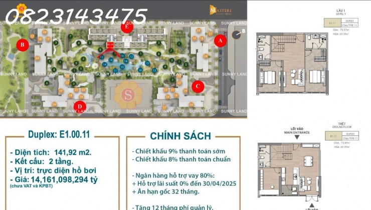 Duplex Masteri Centre Point Căn Hộ Có Sân Vườn Hồ Bơi, DT 141m2 Chỉ 14.1 Tỷ